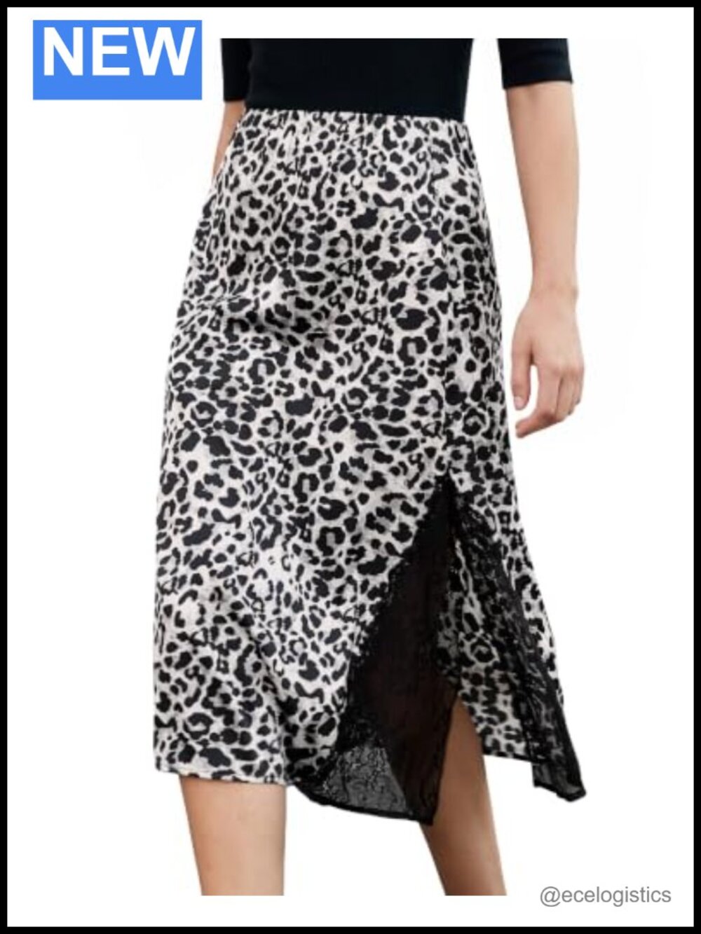 Satin Midi Slip Skirt Lace Trim Slit A-Line Leopard